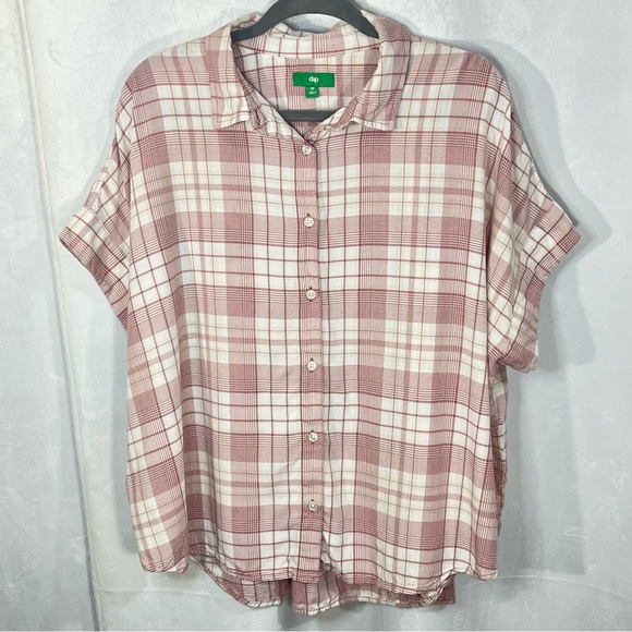 dip Tops - Dip Oversized Button Down Plaid Blouse  Asymmetrical  Size 2xl‎